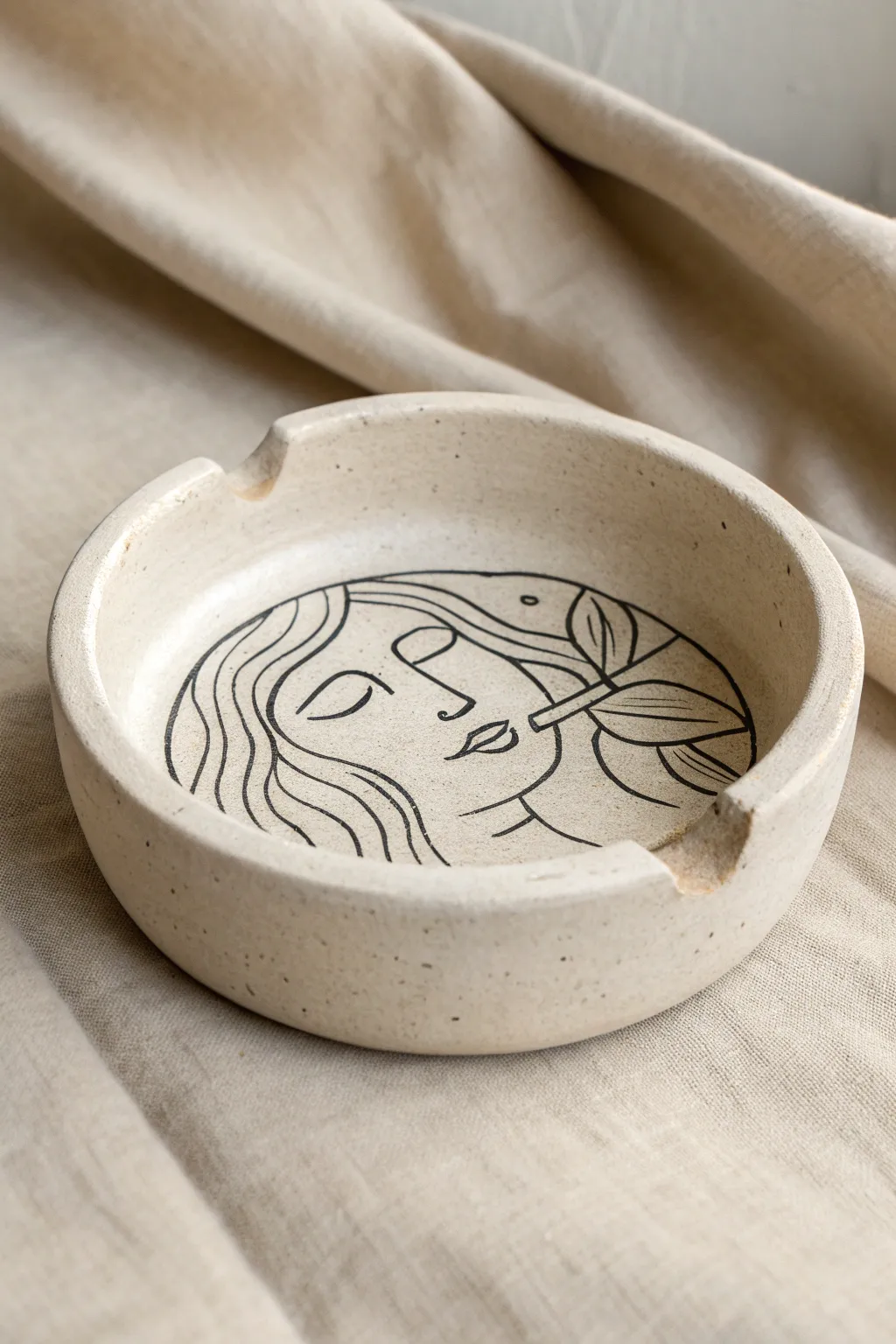 Minimalist handmade sgraffito ashtray with etched line art, crisp monochrome contrast