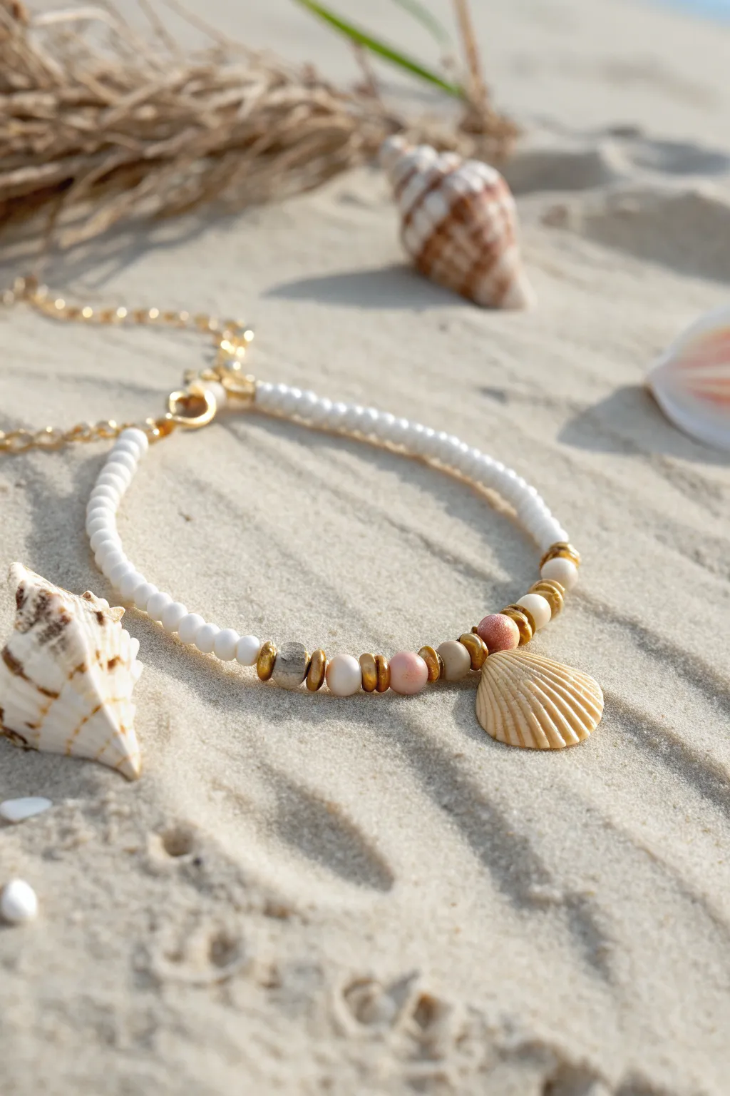 Beachy shell and heishi clay bead bracelet in soft neutrals, simple, sunlit, and handmade