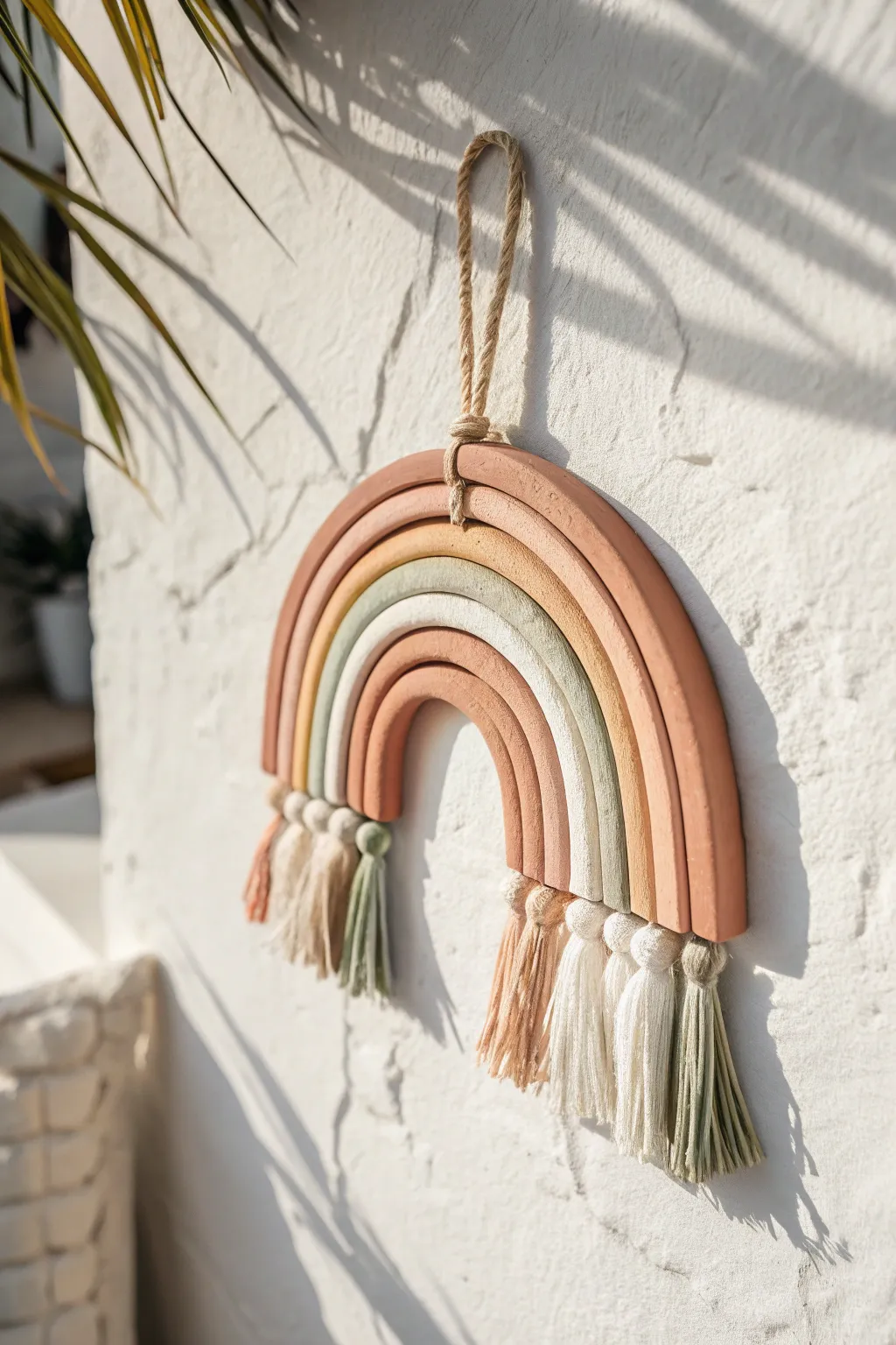 Minimal boho air-dry clay rainbow hanging with soft pastel bands and cotton tassels