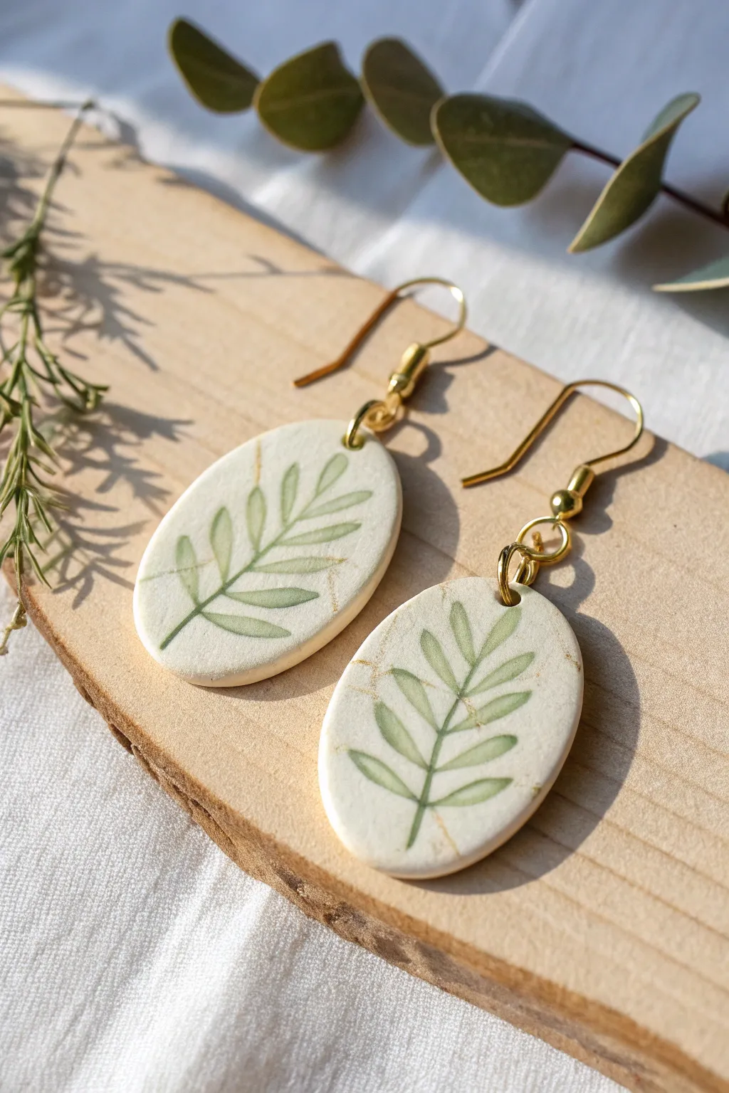 Cream clay leaf-imprint drop earrings with a soft sage wash, minimal and beautifully handmade.
