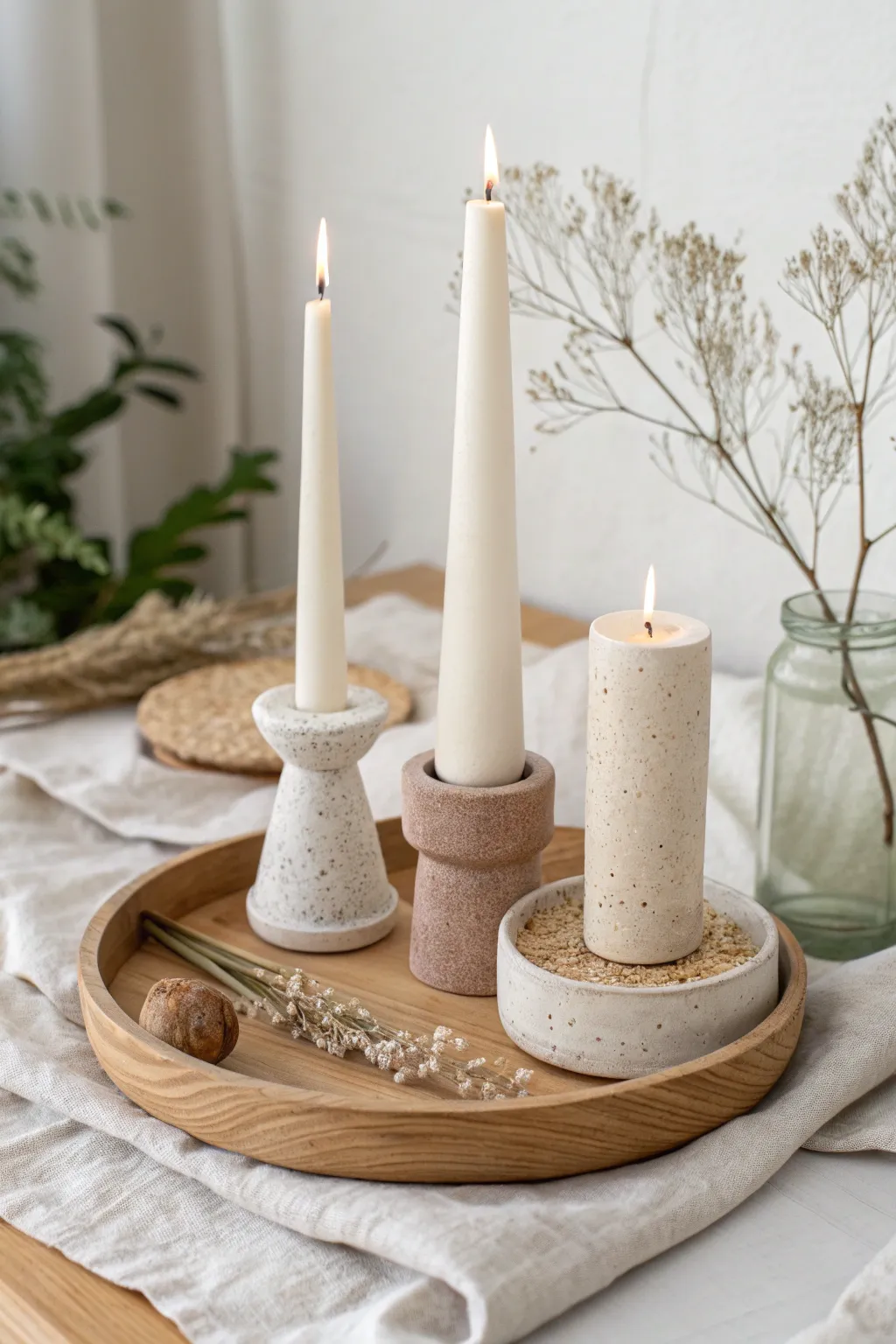 Gift-ready trio of handmade clay candle holders with taper candles, minimal and softly boho.