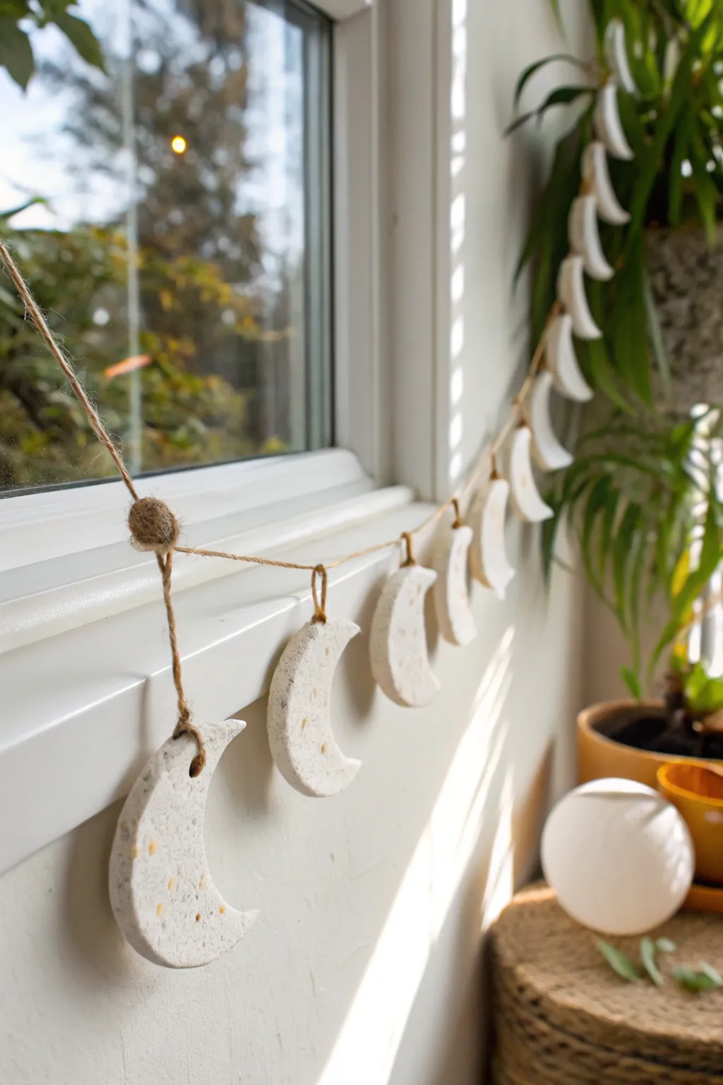 Soft speckled moon phase clay garland brings calm Scandinavian boho charm to your bedroom