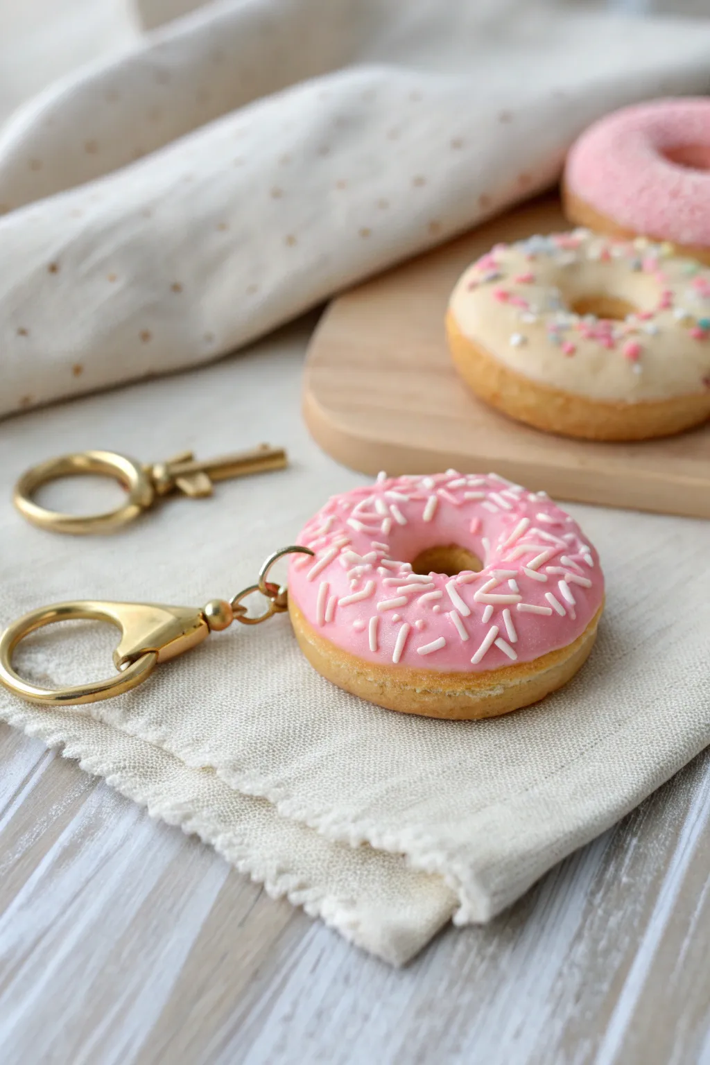 Chunky clay donut keychain charm with textured sprinkles, minimalist boho flatlay