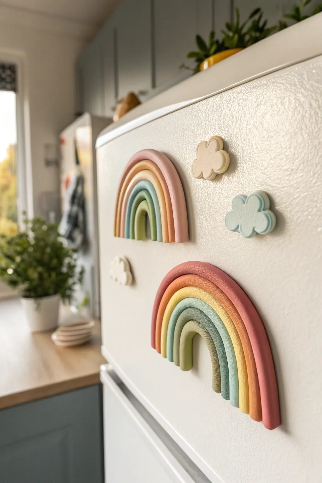 Soft pastel rainbow arch magnets on a neutral fridge, minimalist and handmade with one tiny cloud.