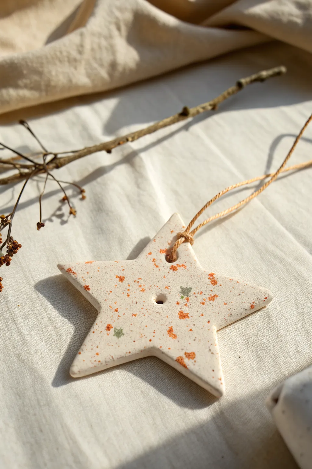 Terrazzo confetti clay ornament with soft pastel flecks, minimalist styling, and cozy boho charm.