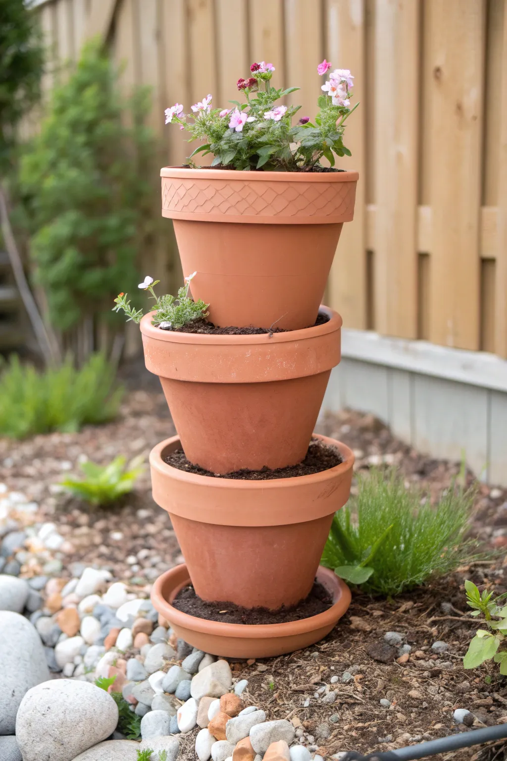 Stacked terracotta pots create an easy tiered planter tower with soft blooms and trailing greens.