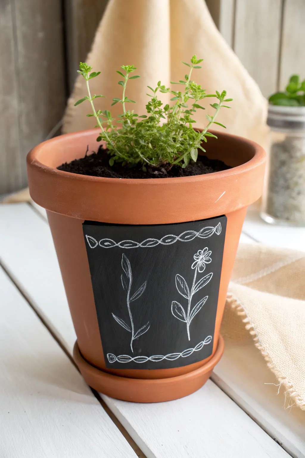 Minimal terracotta herb pot with DIY chalkboard panel, perfect for easy plant labeling