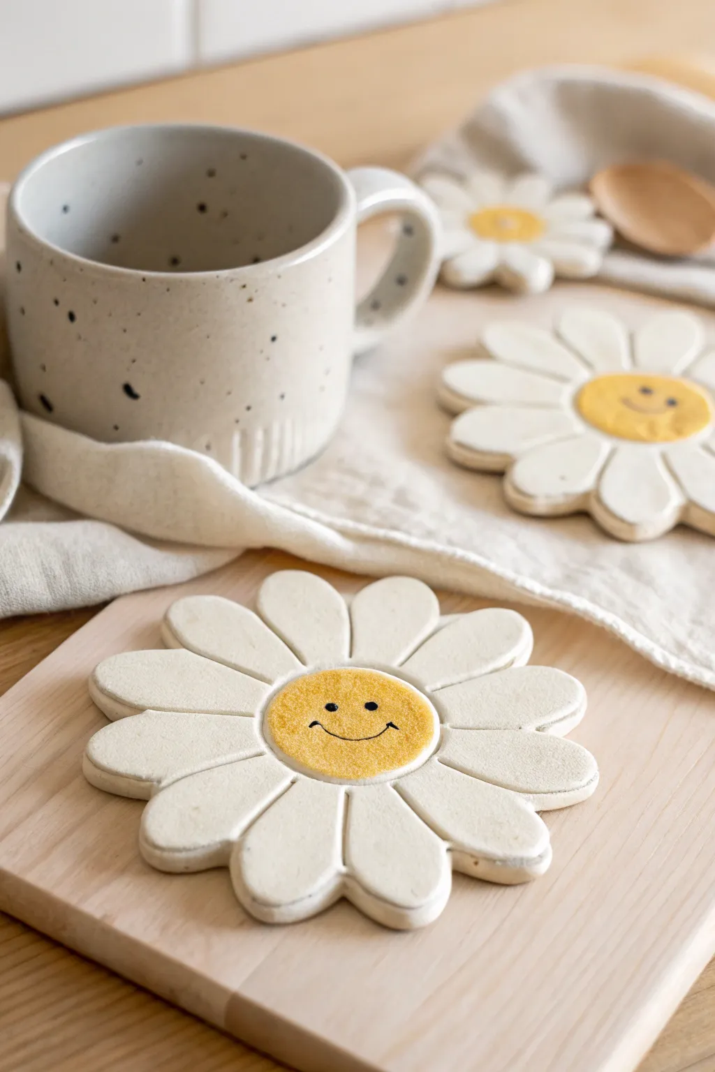 DIY daisy clay coasters with sweet faces, styled for a cozy minimalist coffee moment.