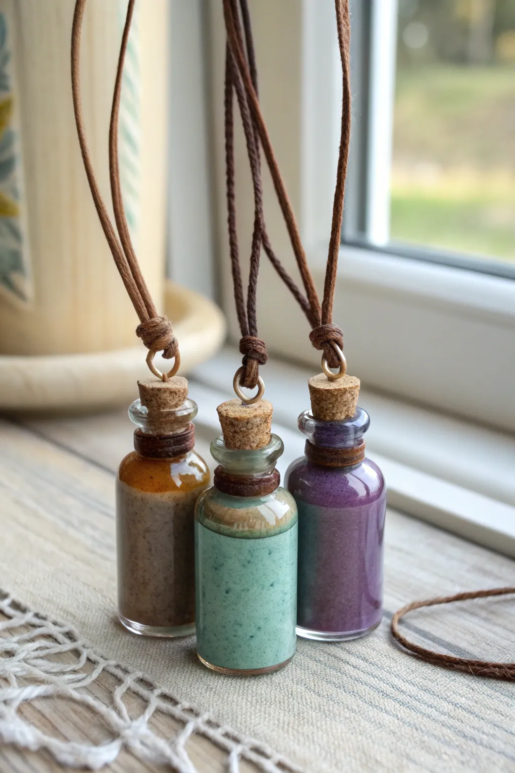 Mini clay potion bottle pendants in dreamy translucent hues, a chic Halloween apothecary trio