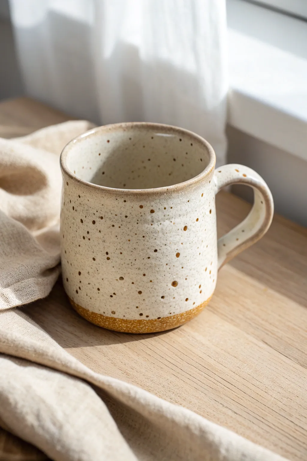 Speckled stoneware-style mug in creamy white with black and warm brown dots, softly styled.