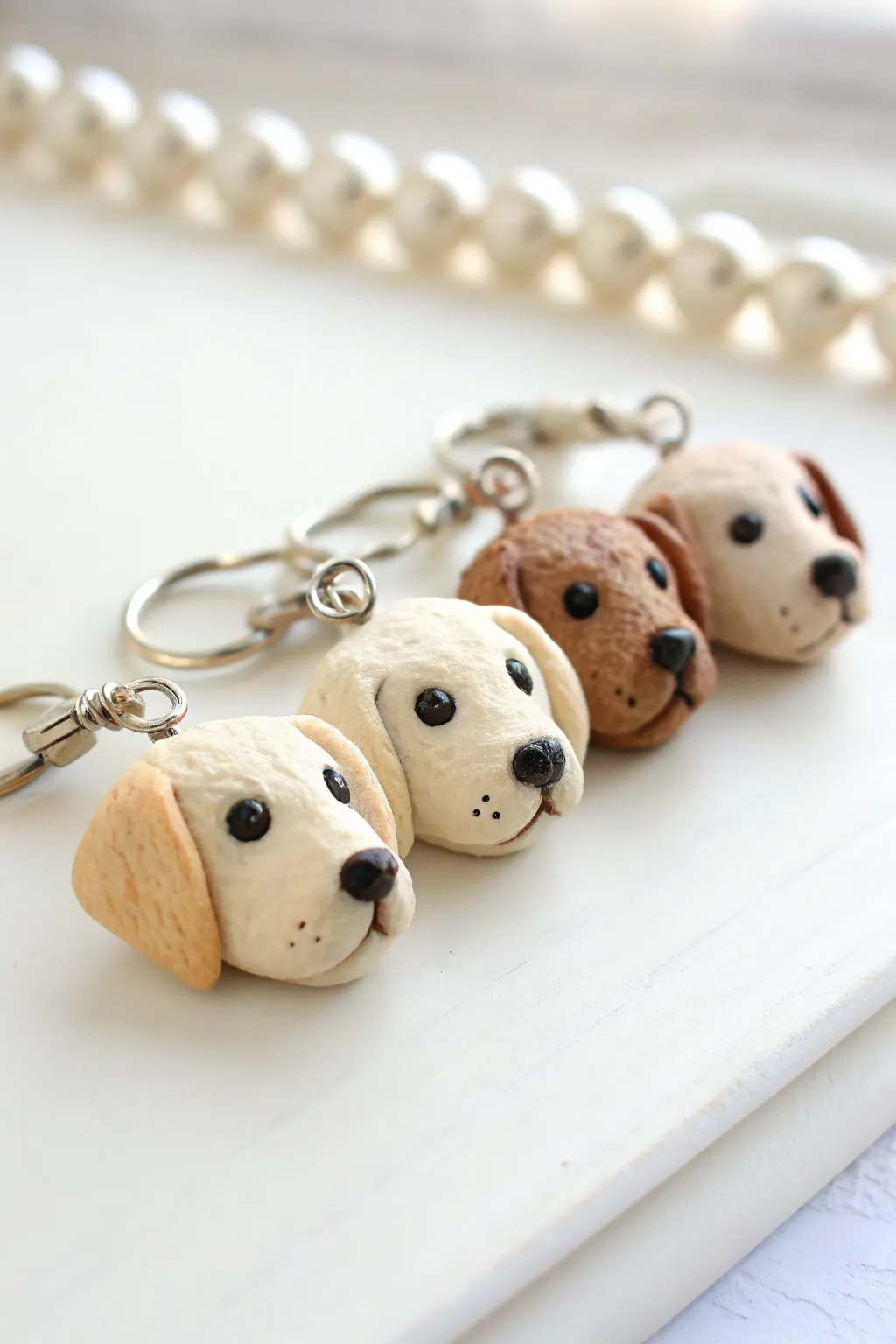 Mini dog head clay charms in varied shapes, neatly lined up on a bright minimalist backdrop.