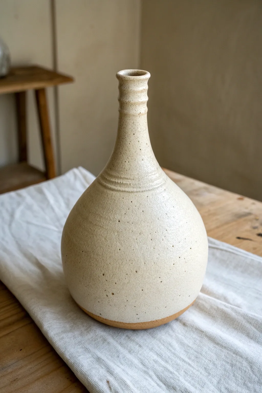 Gourd-shaped pinch pot bottle with a simple coil neck, matte slip finish, and calm Nordic warmth