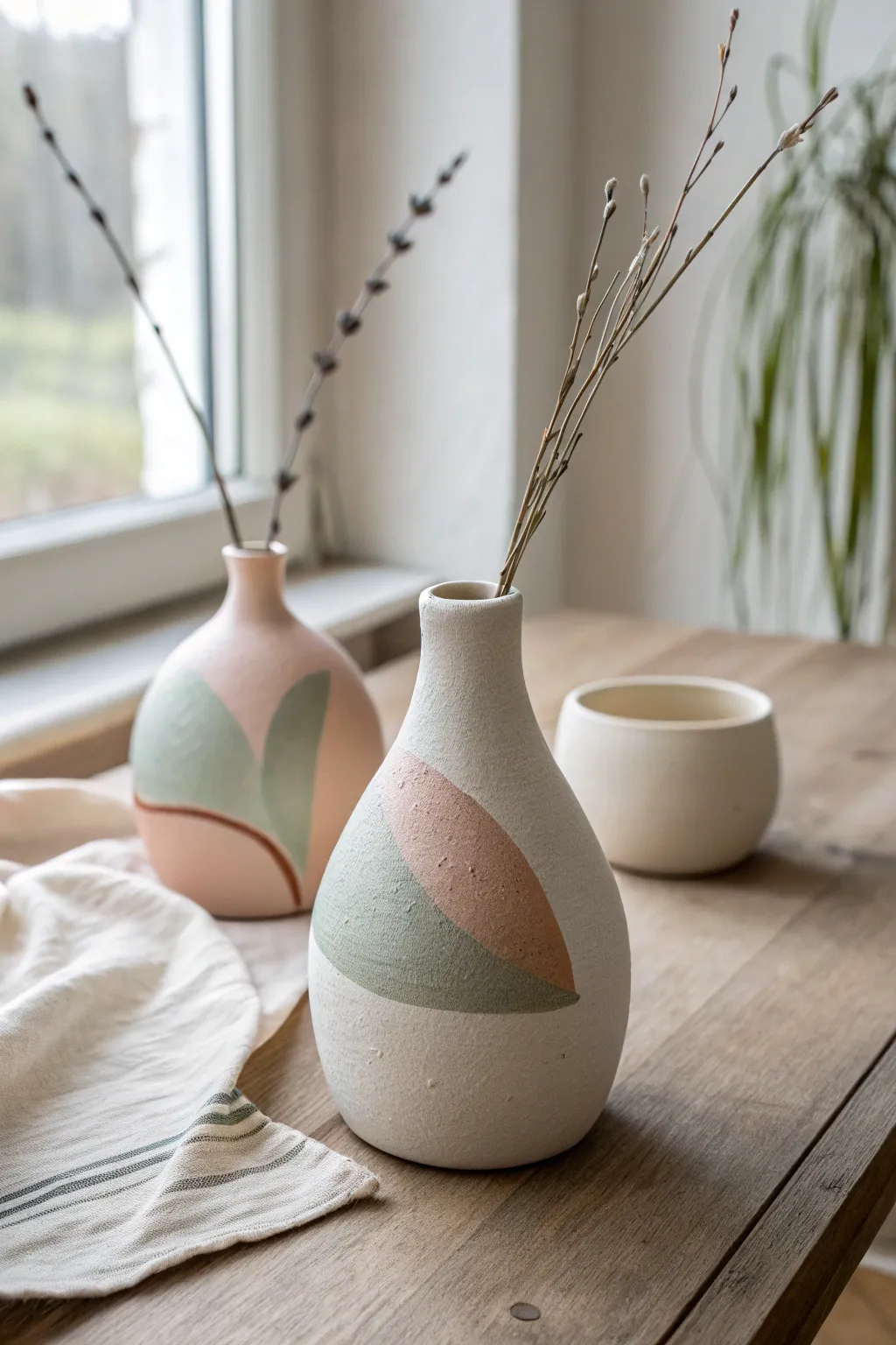 Minimal air-dry clay bud vase with bold color blocks and dried stems, simple decor idea.