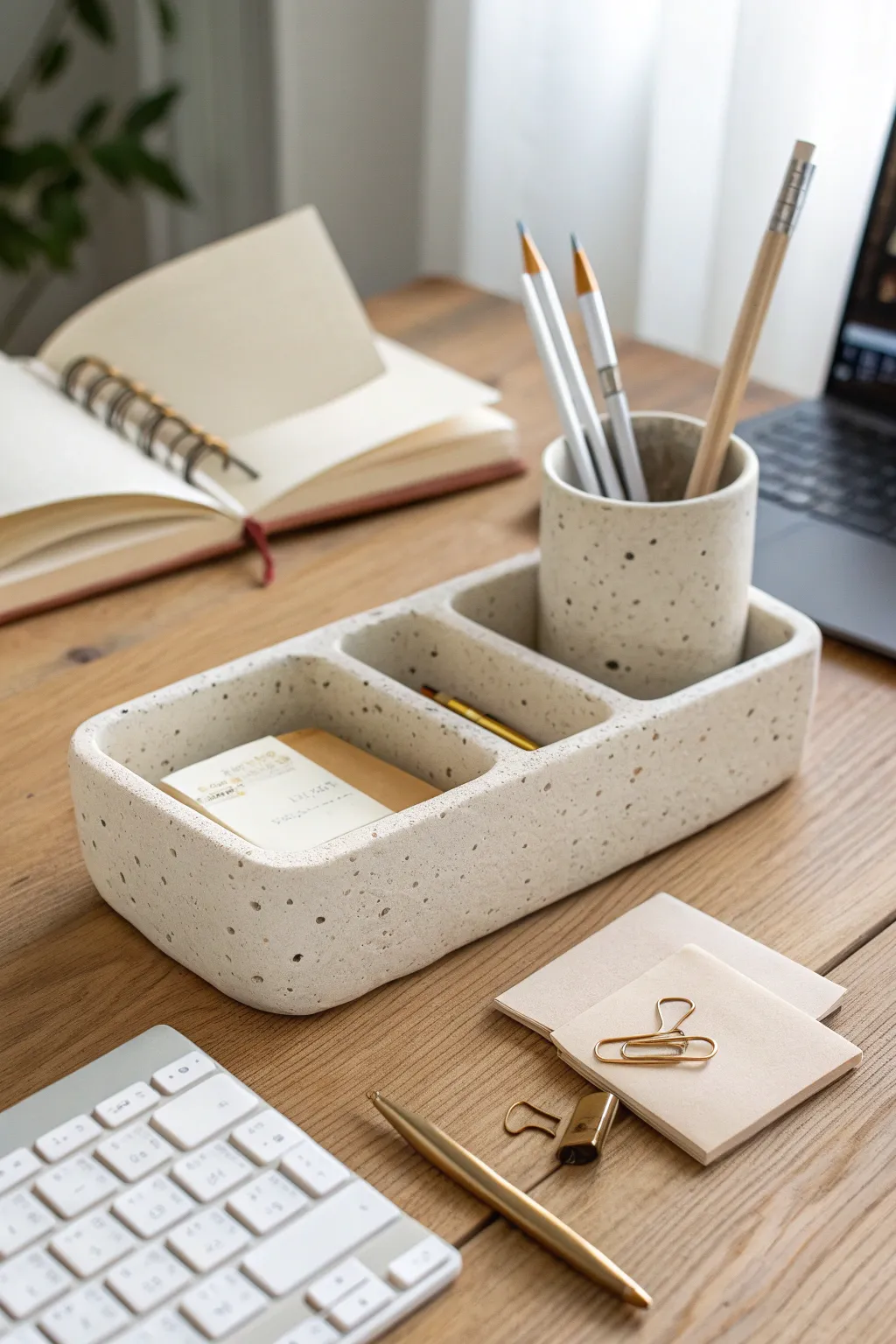 Minimal air-dry clay desk organizer with calm Scandinavian lines for a tidy, cozy workspace.