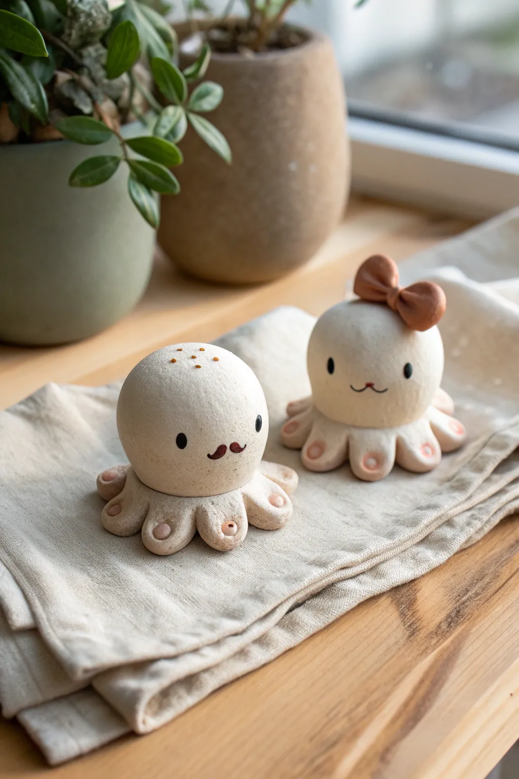 Two sweet clay octopus lovers with a bow and mustache, minimalist and handmade.