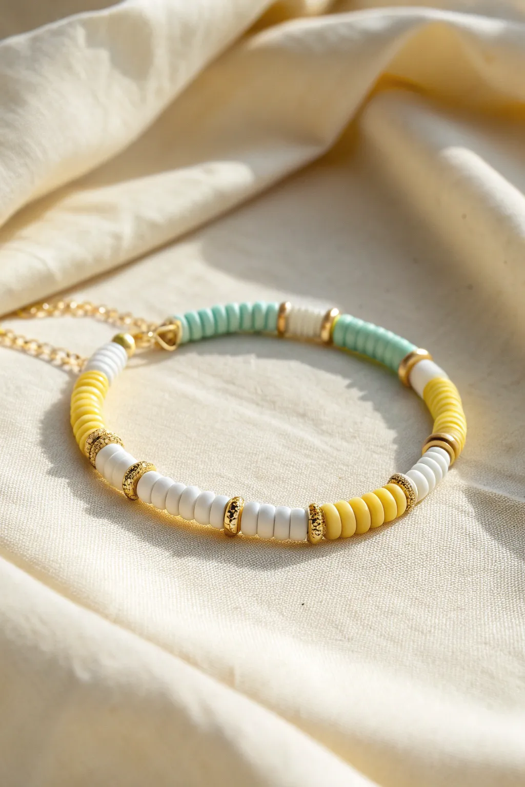 Chick-yellow heishi bracelet with white and mint accents for a soft, sunny Easter vibe.
