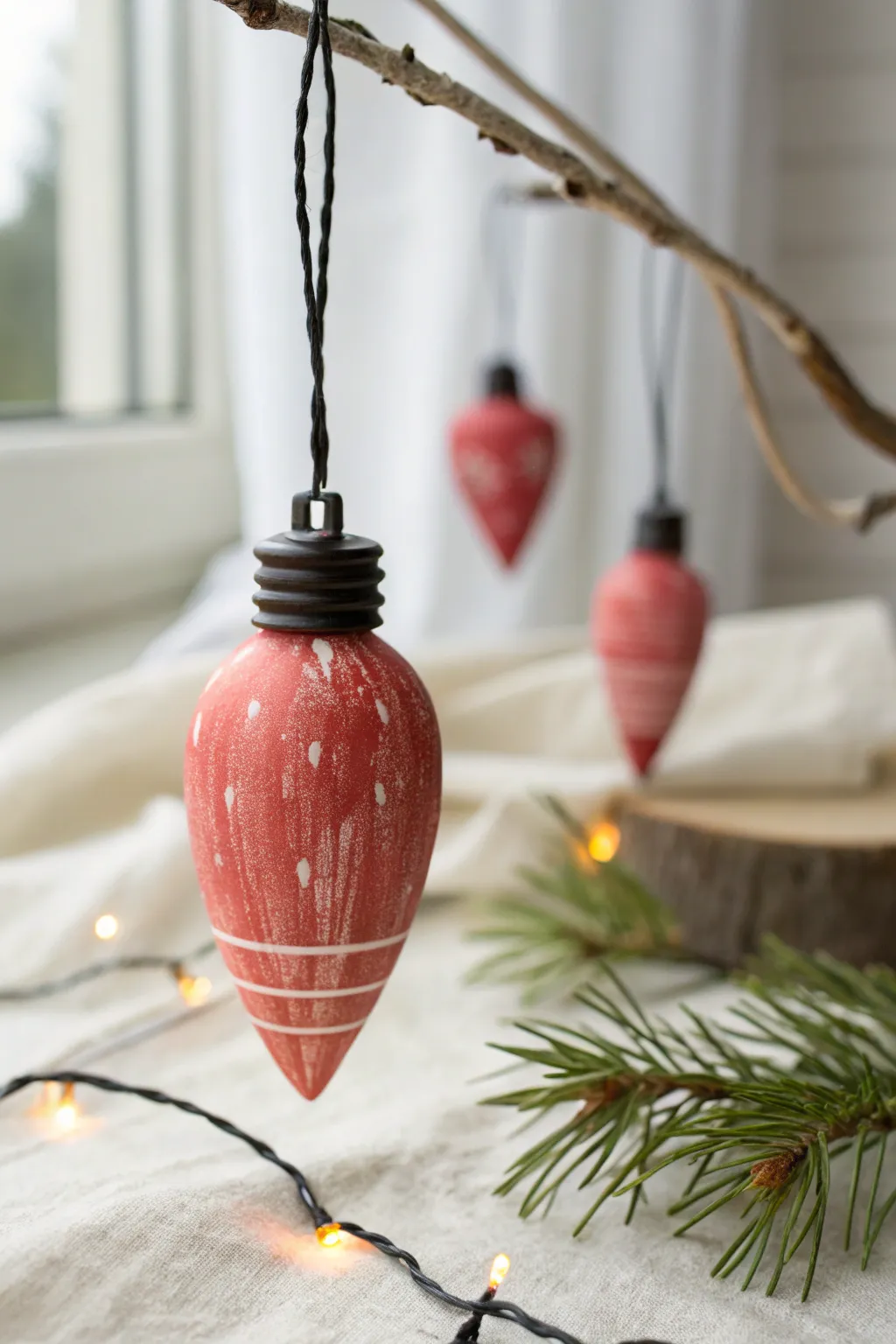 DIY air-dry clay light bulb ornaments in bold holiday hues, perfect for a minimalist garland.