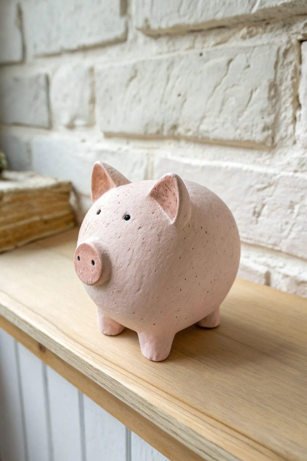 A chubby blush-pink clay pig with a button snout, perfect for a minimalist shelf.