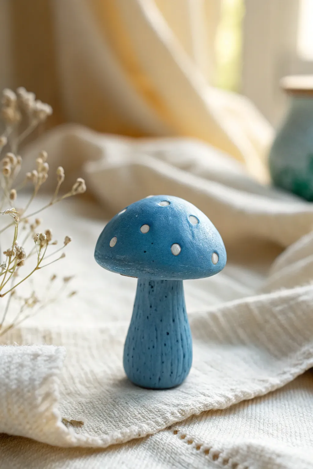 Mini blue mushroom buddy in minimalist Scandi styling, sweet boho vibes and crisp contrast.