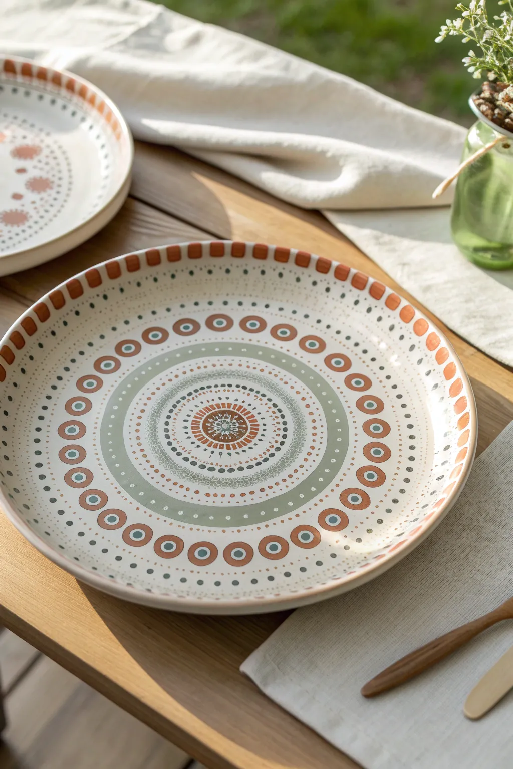 Simple mandala dot rings that look intricate from afar, in a calm minimal palette.