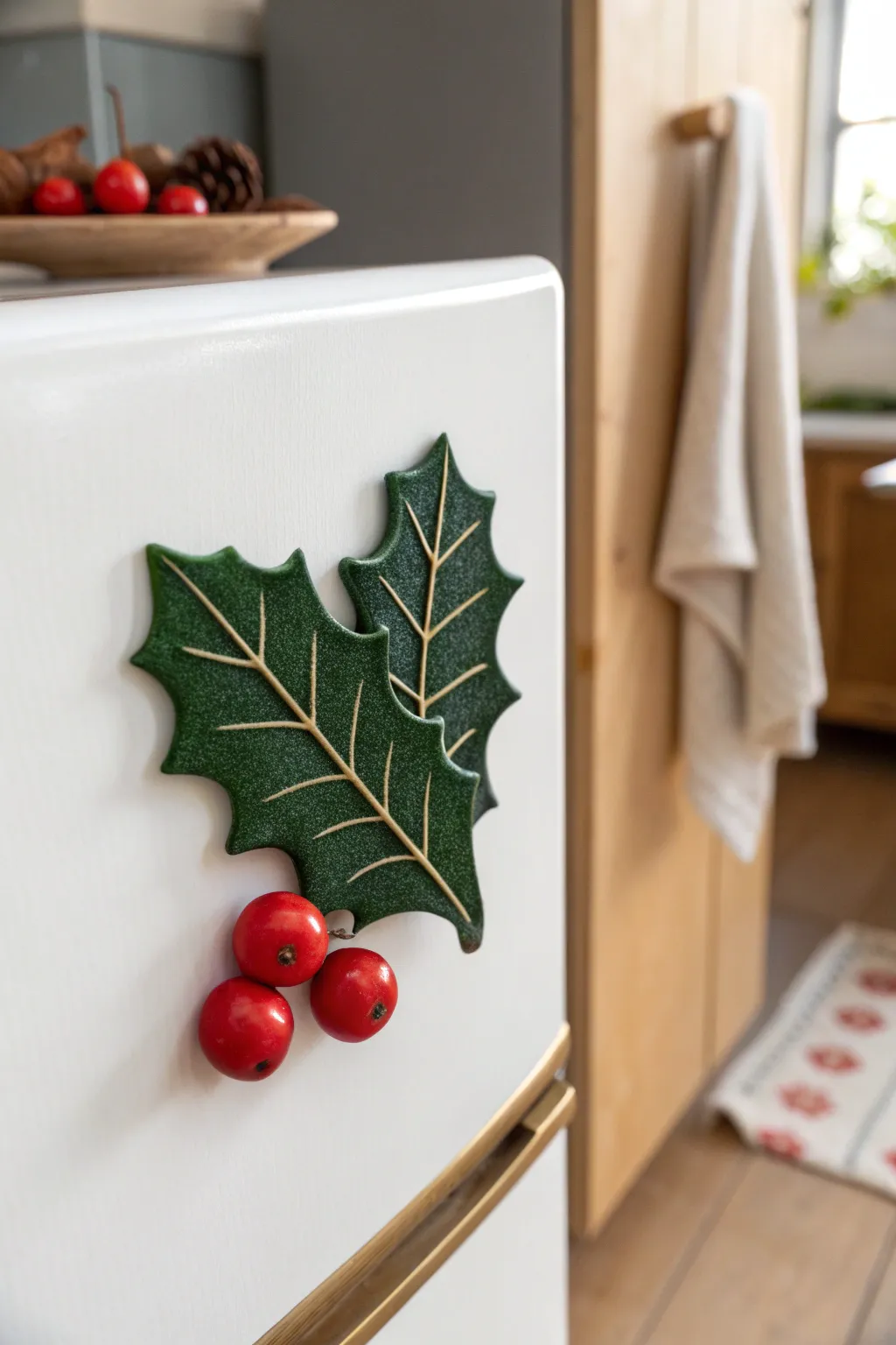 Quick Christmas charm: flat holly leaf clay magnet with bright red berries on a minimal fridge