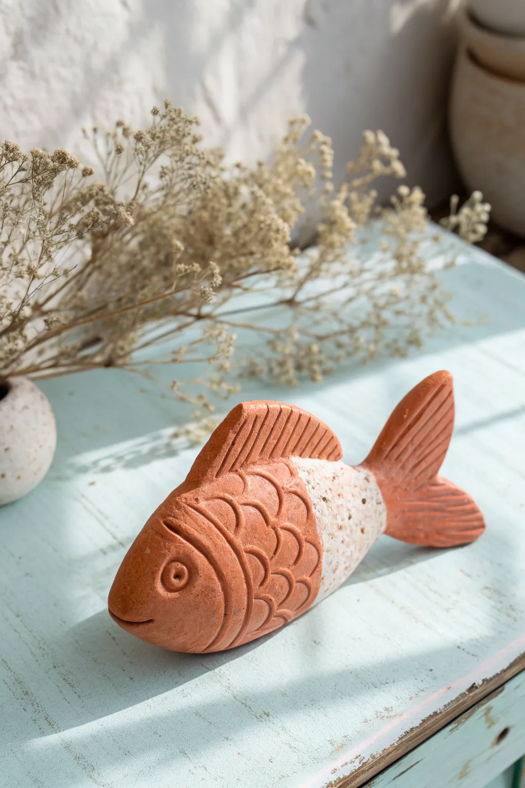 Easy clay fish with a fan tail in bold orange and pale blue for a clean high-contrast look
