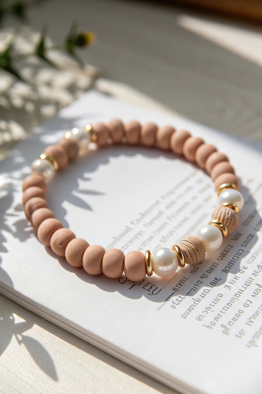 Minimal pearl and clay bead bracelet in soft neutral tones, simple handmade texture contrast.