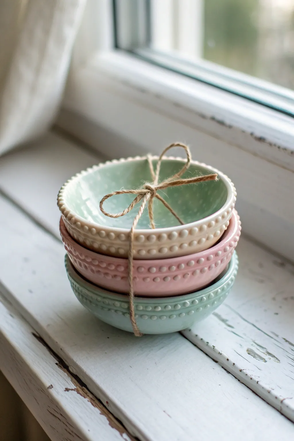 Pastel beaded-edge mini dishes stacked like a sweet gift, minimal Scandinavian boho vibes.