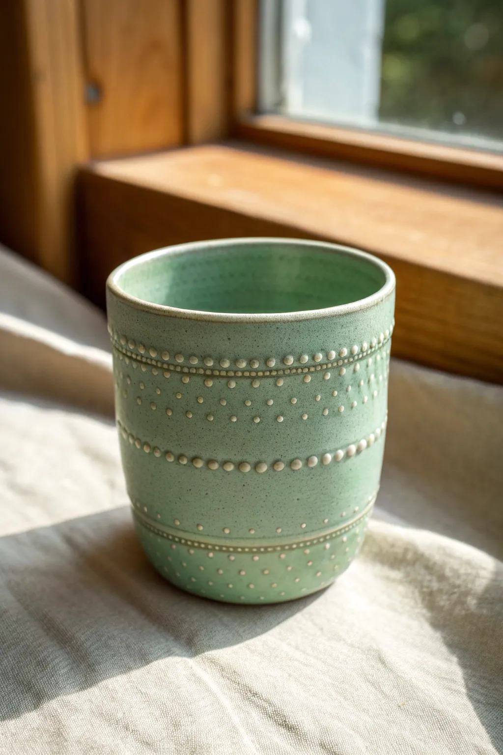 Minimalist clay cup with raised dot-and-dash texture and a single soft matte glaze