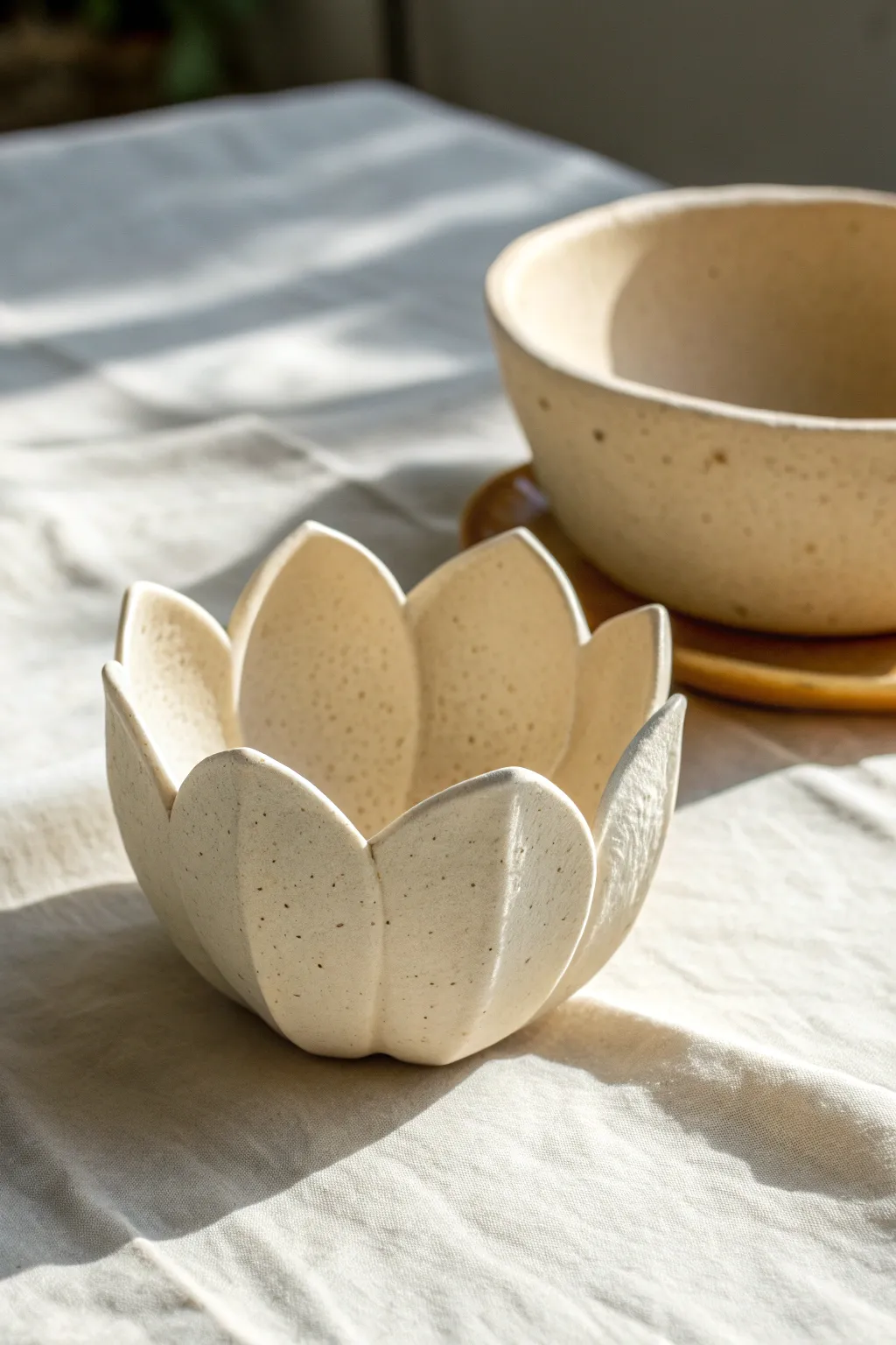 Easy cup-shaped clay flower, gently curved like a tulip, dried over a simple bowl.