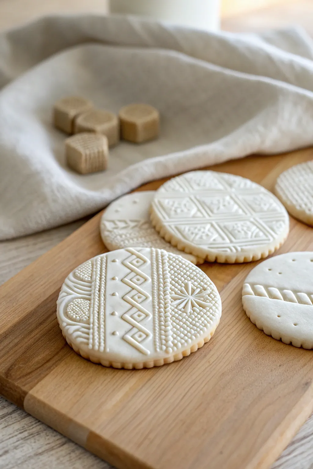 Texture-stamped clay pattern cookies in soft neutrals, a simple preschool craft with big charm