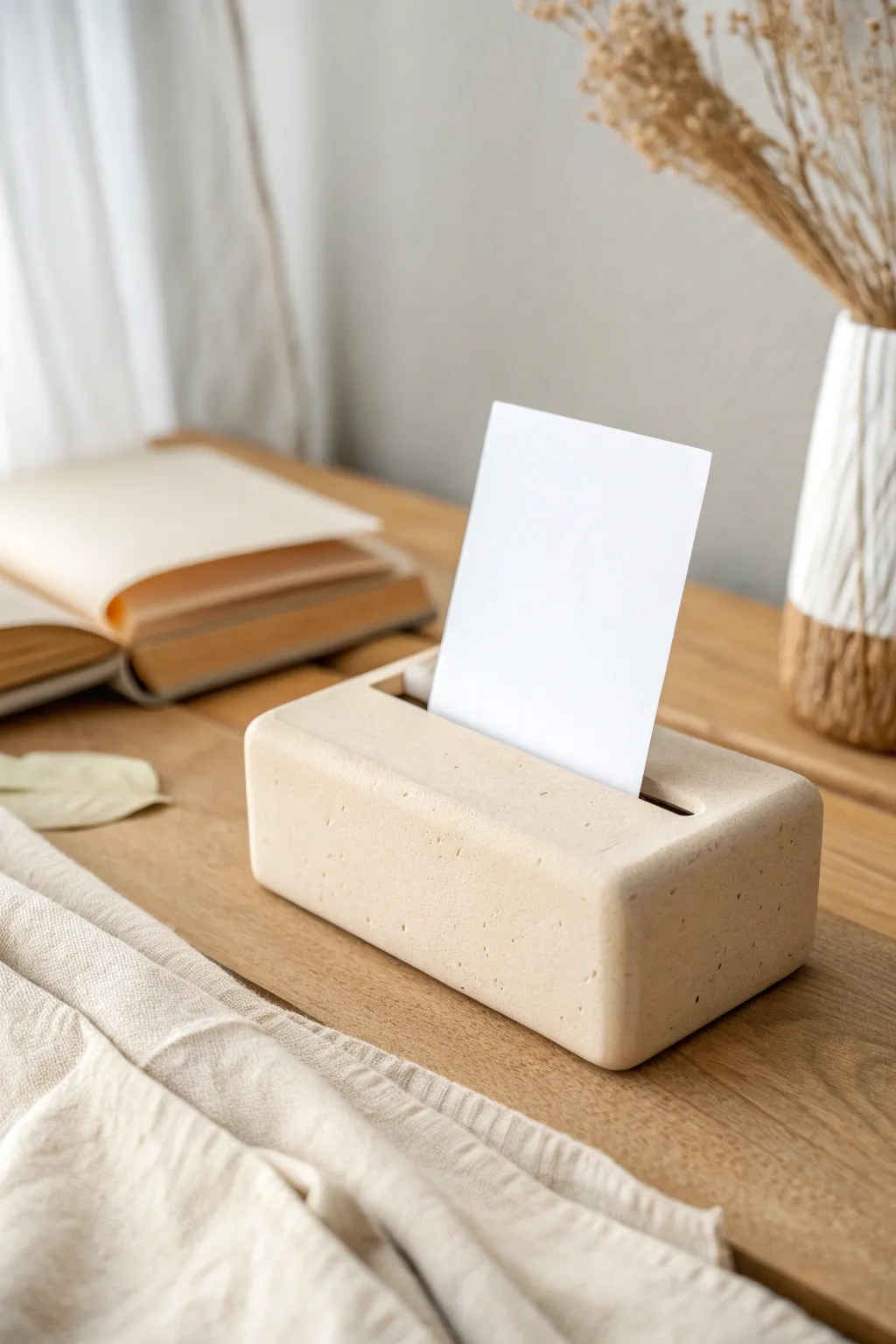 Minimal clay photo holder block with a simple slit, a calm Scandinavian desk accent