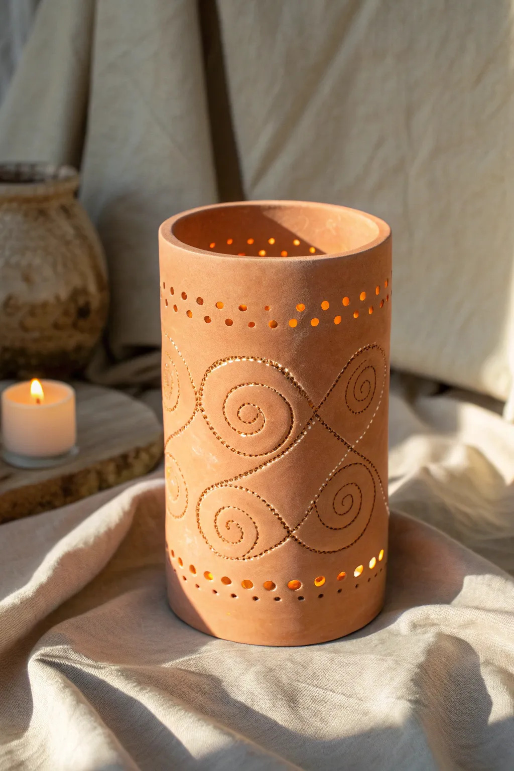 Simple swirl-carved clay lantern with dotted curves, casting a cozy spiral glow.