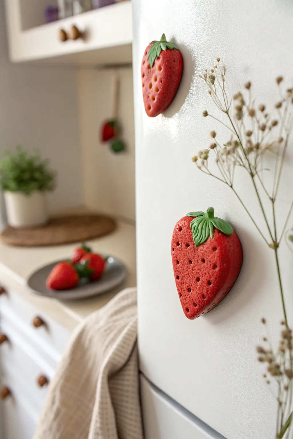 Cute handmade strawberry clay magnets adding a cheerful pop to a clean, minimalist fridge.