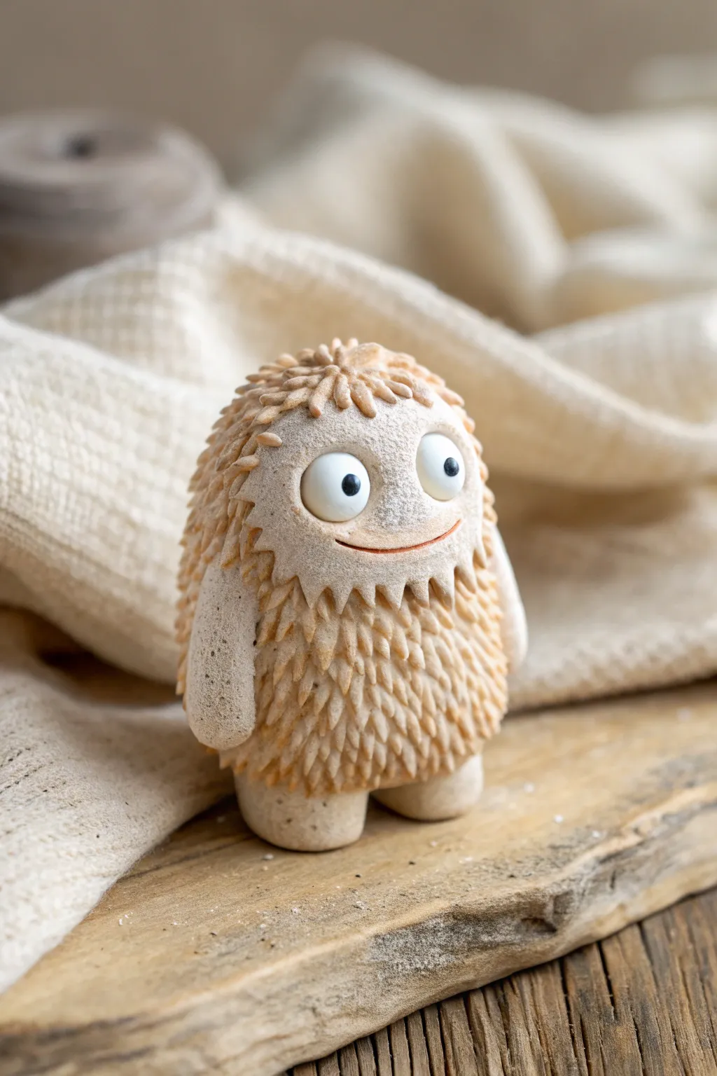 Fuzzy-textured clay monster with smooth eyes in a calm minimalist setting, cute and easy to recreate.