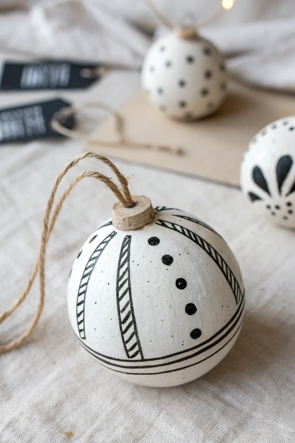 Minimal black-and-white clay ornament with simple dots and stripes, modern and easy to DIY