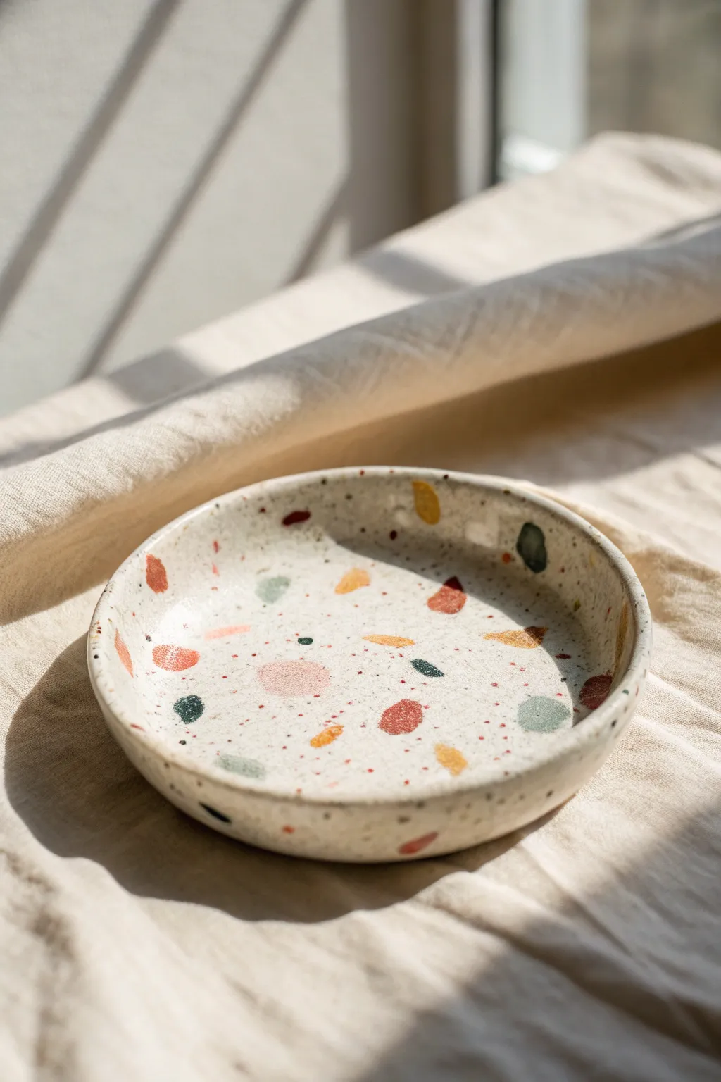 Confetti speckle trinket dish, minimalist Scandinavian boho look, easy clay painting for beginners.