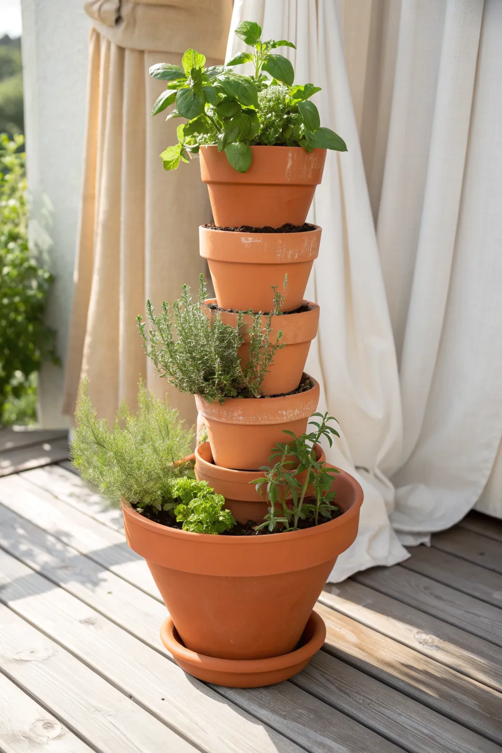 Tiered terracotta herb tower with lush greenery for a simple, space-saving porch planter