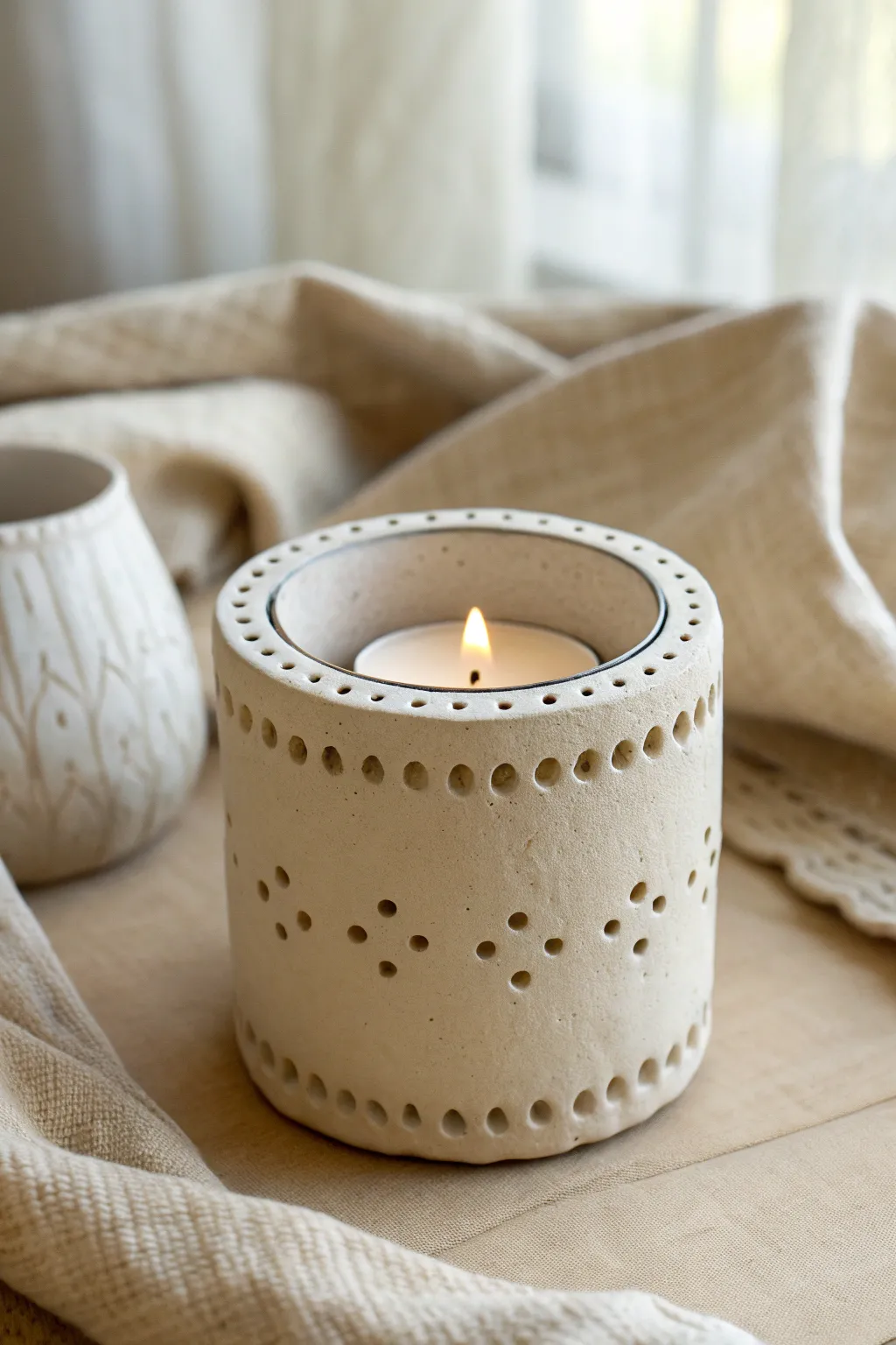 Minimal clay tea light holder with scalloped edge and dot detail for a cozy, simple DIY decor piece.