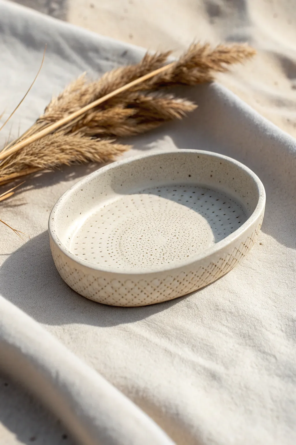 Minimal oval clay dish with lace-like mesh imprint, Scandinavian calm with a soft boho feel.