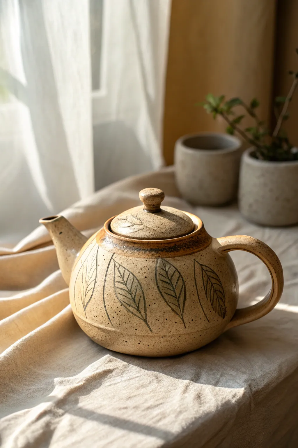 Leaf-imprint clay teapot in earthy glaze, minimalist Scandinavian style with a gentle boho touch.