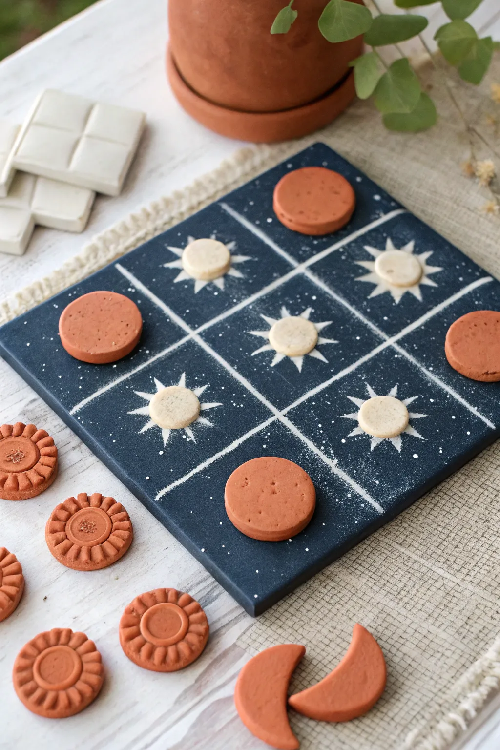 Celestial clay tic tac toe set with speckled night board, terracotta suns and creamy moons