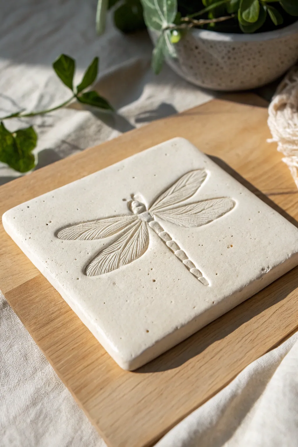 Simple dragonfly relief tile in soft natural clay, a calm boho accent for any garden nook.