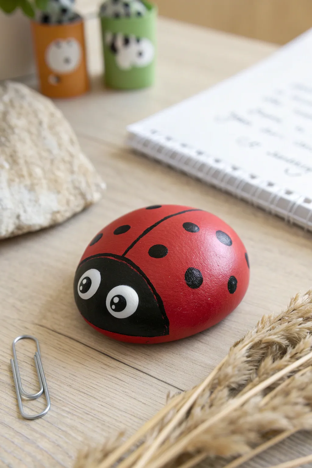 Sweet ladybug clay paperweight for your desk, minimalist and cute with clean dot details.