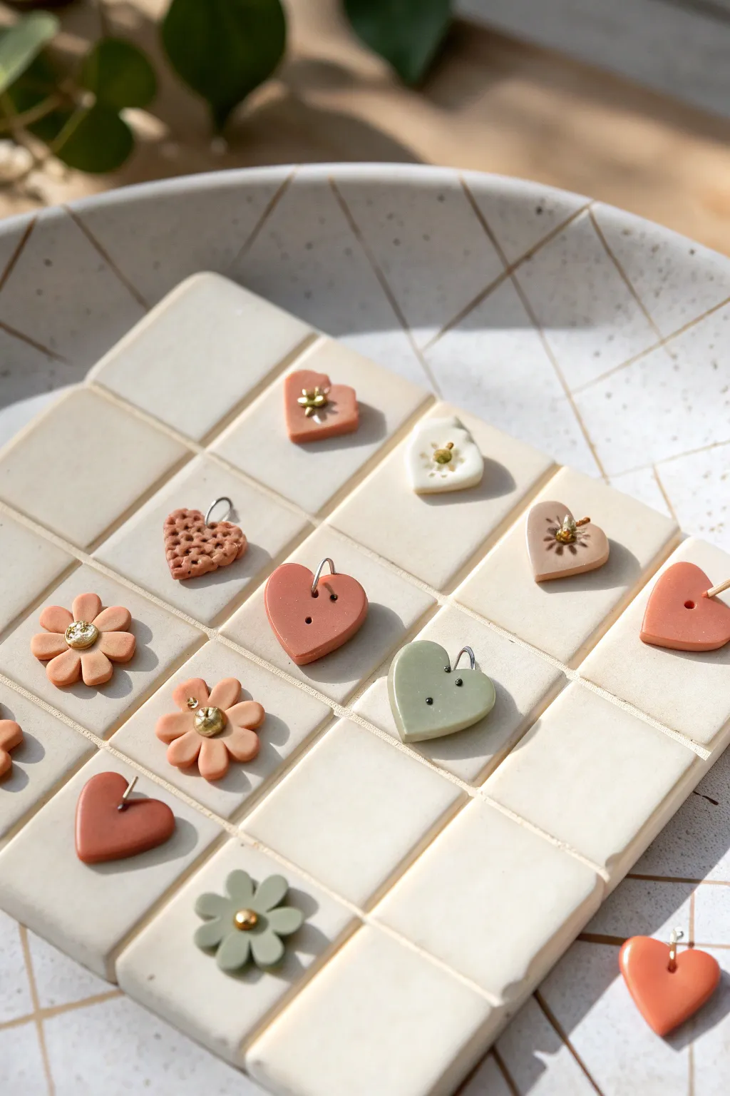 Tiny polymer clay stud earring set in soft neutrals, a minimalist DIY idea with boho charm.