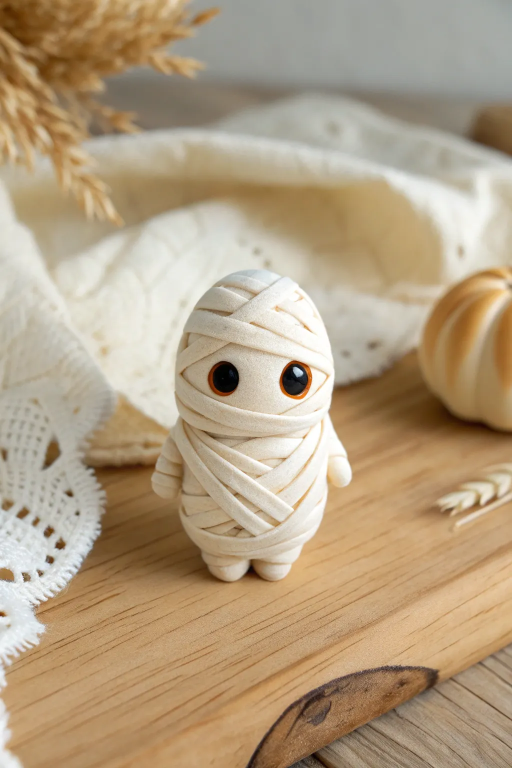 Minimal clay mummy mini with bold eyes and bandage wraps, an easy Halloween project with charm.