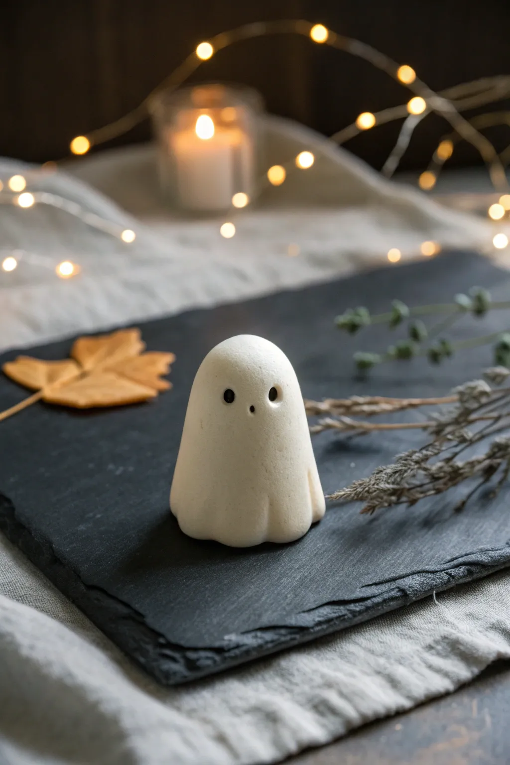 Softly glowing polymer clay ghost on a dark slate surface, minimalist Halloween charm