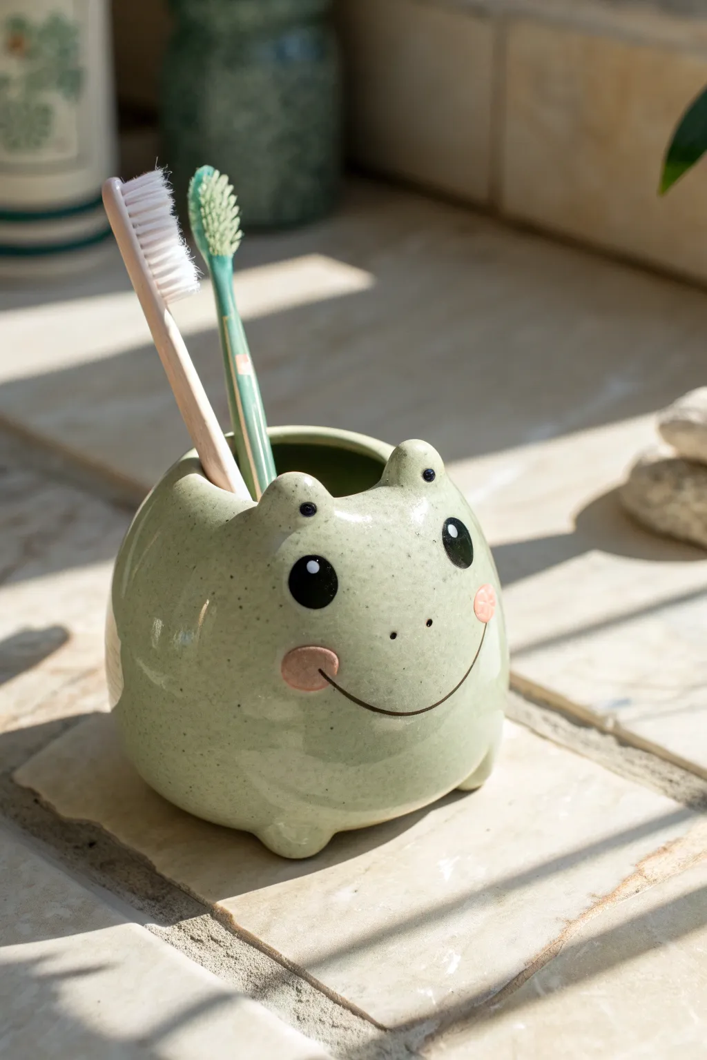 Kawaii frog toothbrush holder in sage glaze, simple, sturdy, and perfectly bathroom friendly.