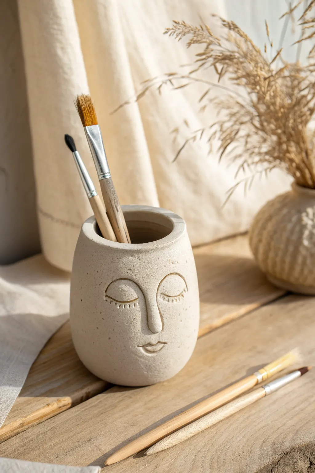 Tiny face pot pencil cup with pencil hair, a minimalist clay project that feels calm and cute