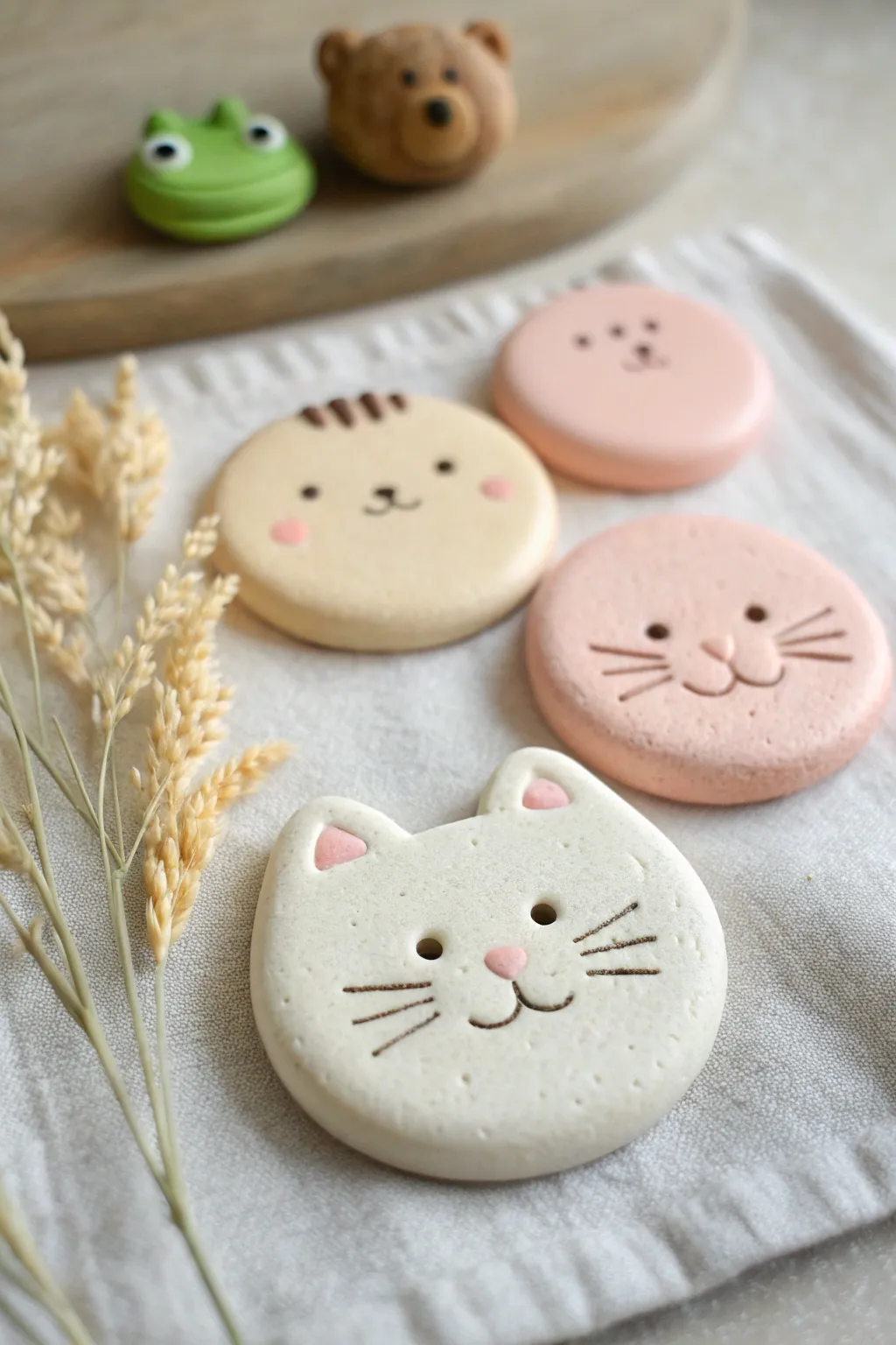 Sweet animal face clay magnets kids can make, minimalist and cute for the fridge.